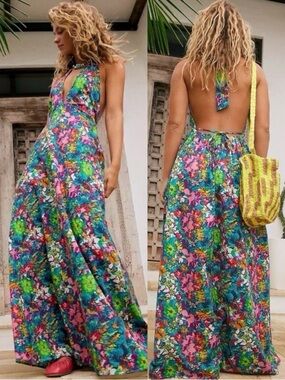 Free People Retro 60s 70s Floral Psychedelic Saffron Halter Maxi Dress Medium